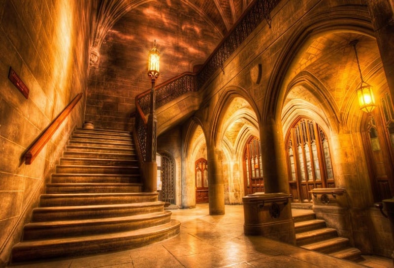 AOFOTO 12x8ft Vintage Medieval Castle Interior Backdrop Retro Archway Columns Photography Background Old Stairway Dim Light Architecture Pillars Photo Studio Props Wedding Artistic Portrait Vinyl - Image 1